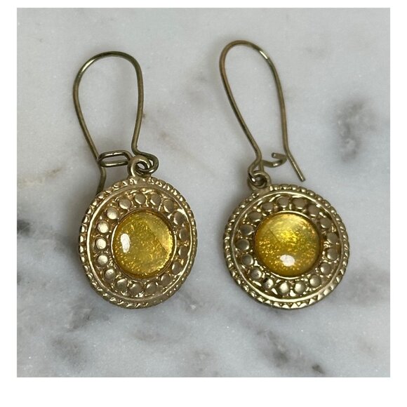 Jewelry - Vintage Gold Tone Drop Earrings with Honey Yellow Cabochons Oval Filigree Dangle